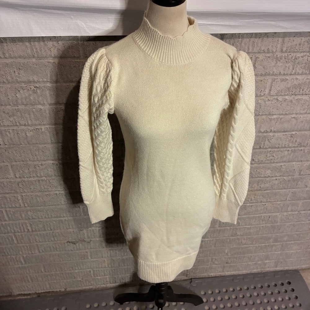 BB Dakota Steve Madden Ivory Cable Knit Puff Sleeve Mock Neck Sweater Dress S